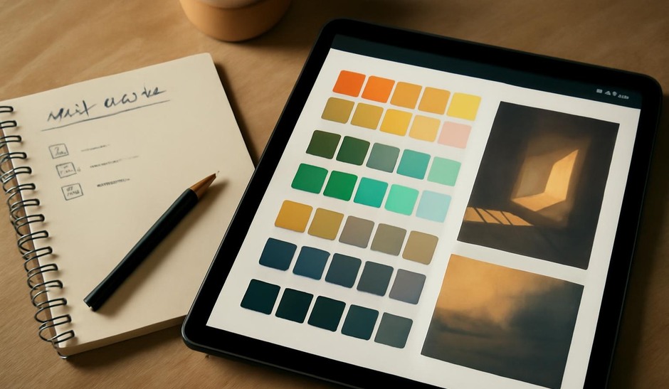 A digital canvas showing colour swatches and a small light study