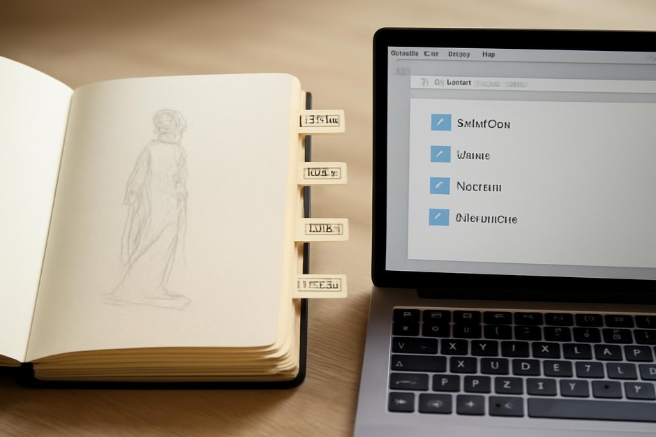 An open sketchbook with labelled tabs and a digital folder structure on screen