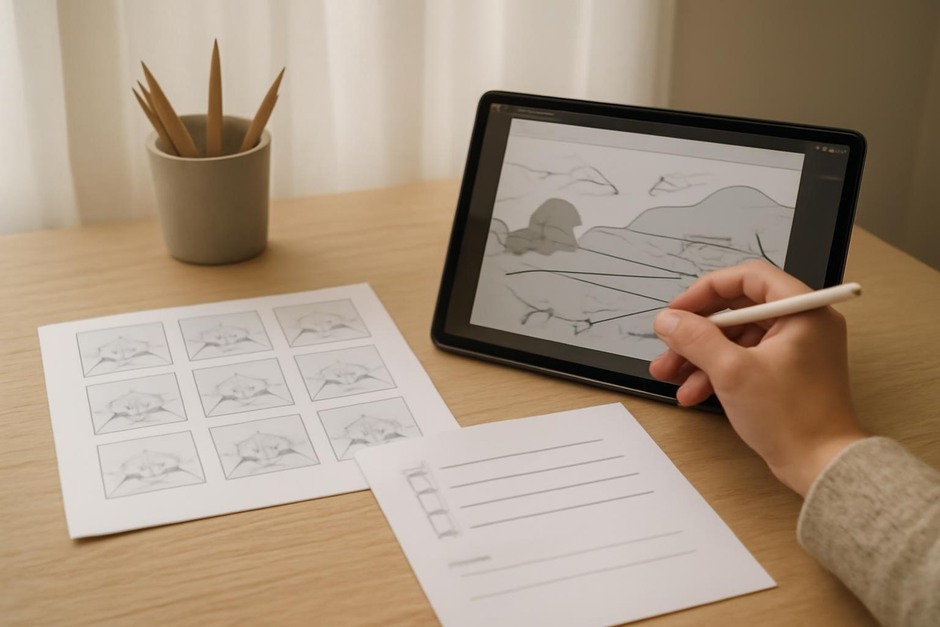 Workspace showing thumbnail sketches and a digital tablet