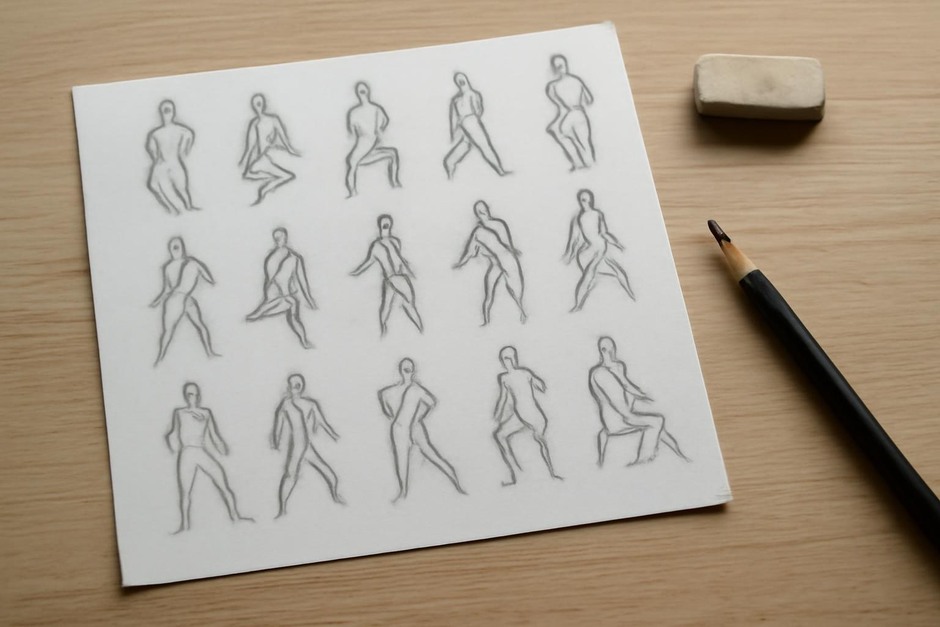 A sheet of rapid thumbnails showing different figure poses