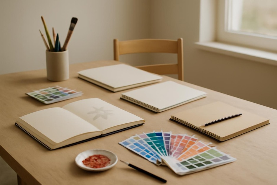 Abstract art desk with color swatches, brush marks, and sketchbook studies.