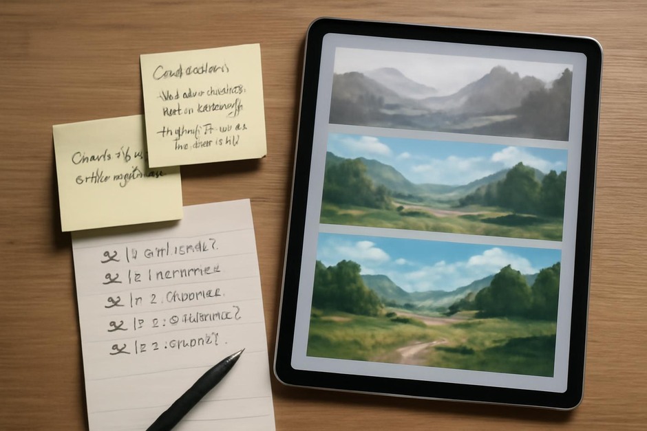 Notes and a checklist beside a digital painting showing iteration stages