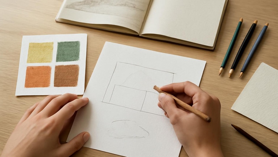 Bright studio image with paint textures, paper layers, and geometric color blocks.